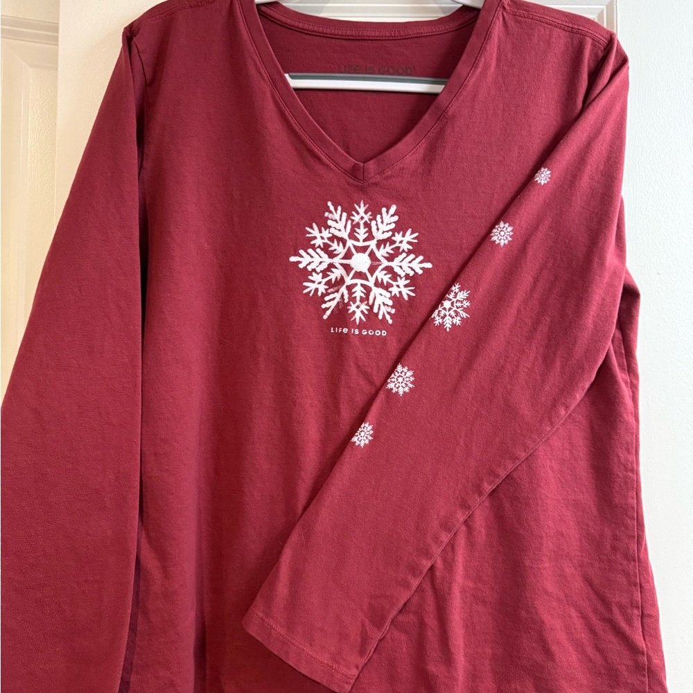 Life Is Good Red Graphic V-Neck Long Sleeve Tee